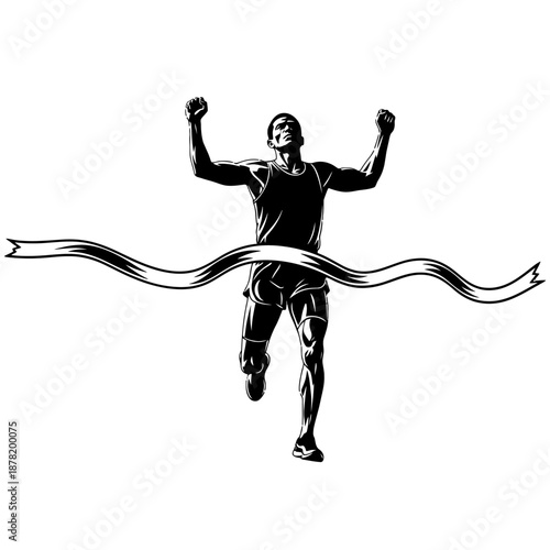 Man crossing the finish line with arms raised in victory.