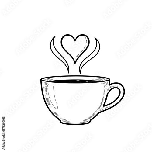 Simple black and white illustration of a steaming cup of coffee with a heart shaped steam.