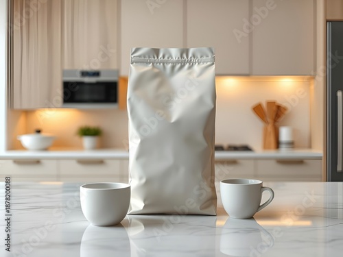 Paper coffee bag mockup standing on kitchen table with white mugs