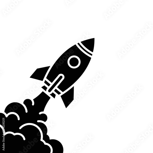 Black and white illustration of a rocket launching into space with smoke.