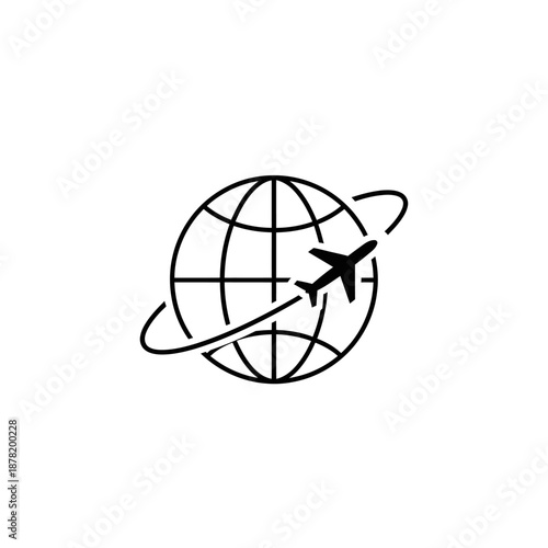 Simple line art illustration of a globe with an airplane flying around it.