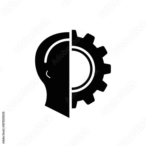 Human head silhouette with mechanical gear integration.