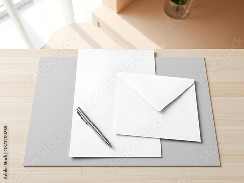 Blank white letterhead paper and envelope mockup on desk with sunlight shadows