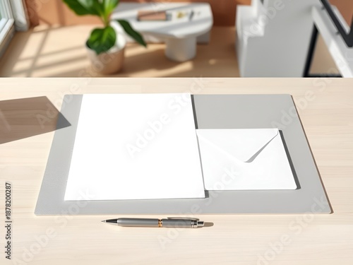 Stationery mockup with blank paper and envelope on office desk top view