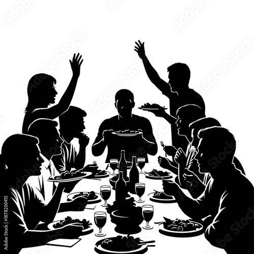 Black silhouette of a group of people sitting around a dinner table with plates and glasses