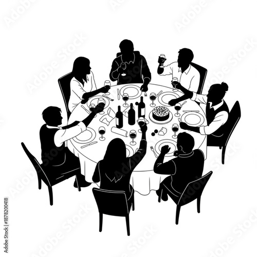 Black and white illustration of people sitting around a dinner table eating