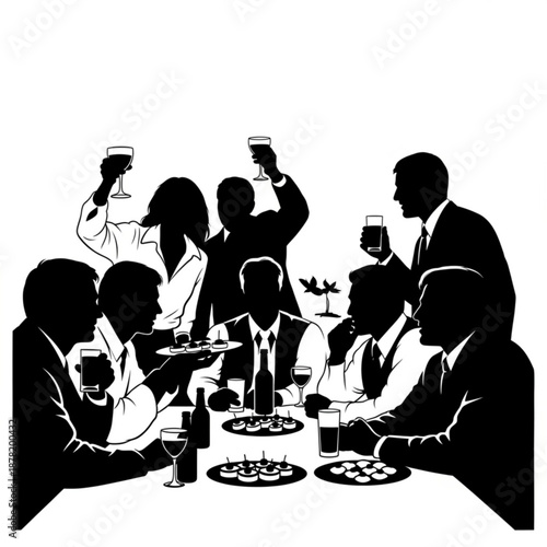 Black silhouette illustration of people toasting with drinks at a dinner table