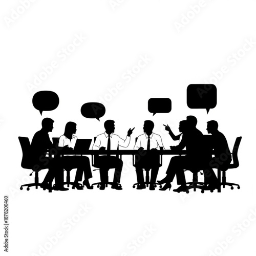 Black silhouettes of businesspeople sitting around a table with speech bubbles