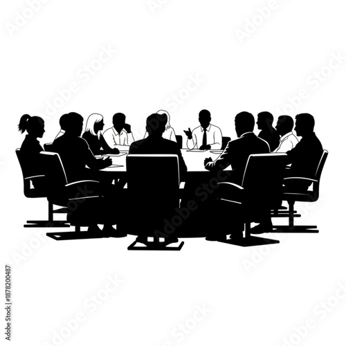 Silhouette of a business meeting with people sitting around a table