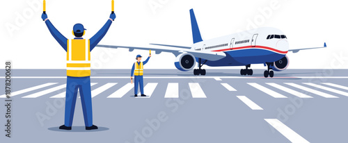 gAirport Ground Crew Marshaling Passenger Airplane on Runway with Signal Wands, Aviation Logistics, Flight Safety, Professional Aircraft Handling, and Transportation Industry. (21 words)
