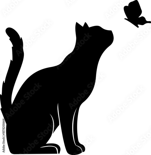 Cat silhouette shown focusing upward toward a flying insect.