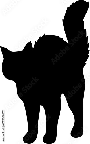 Cat silhouette illustrated with bristling fur and tense stance.
