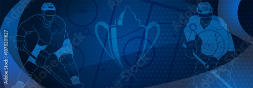 Hockey themed background in blue. Digital illustration featuring two hockey players, one on each side of the frame, with a trophy in the center.