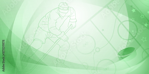 Hockey themed background. Digital illustration featuring a hockey player in mid-action, with a green and white color scheme.