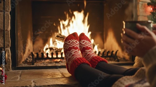 Cozy winter evening with feet by fireplace, person holding warm drink, christmas tree