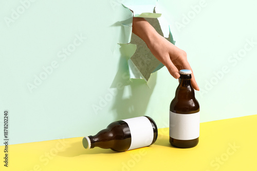 Bottles of cold beer and fe...