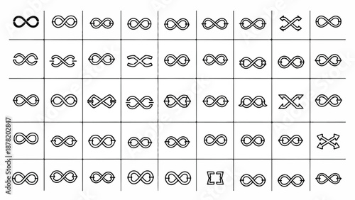 A grid of 40 variations of infinity symbols