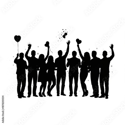 Black silhouettes of people celebrating with heart balloons