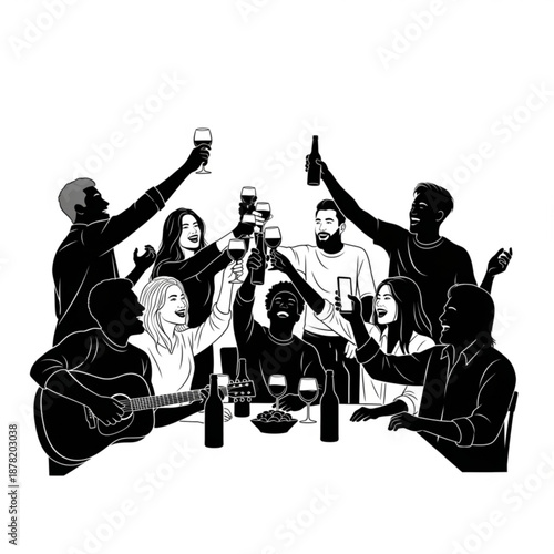 Black and white illustration of a group of friends cheering and having fun together at a table with drinks and a guitar