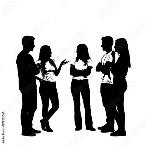 Silhouette of five people standing and talking in a group
