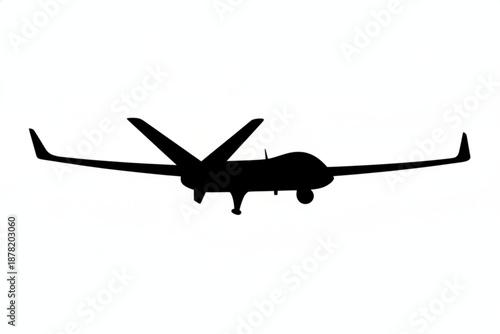 Drone Silhouette: A stark black silhouette of a modern unmanned aerial vehicle (UAV) or drone, isolated against the clear sky, symbolizing technological advancement and aerial innovation.