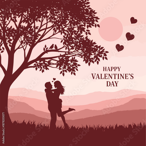 Romantic valentine's day silhouette of loving couple embracing