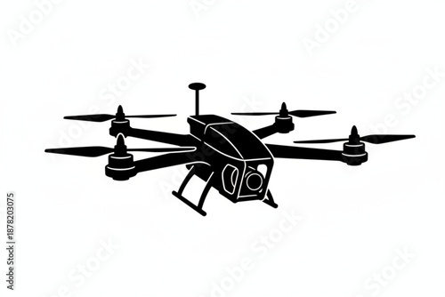 Modern Aerial Drone in Silhouette: A sleek, cutting-edge drone with multiple rotors, poised for flight and capturing a new perspective on the world. 