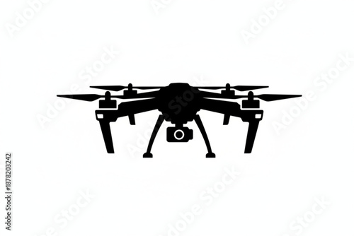 Drone Technology Silhouette: A stark black silhouette of a drone, with four propellers, a mounted camera, and landing gear, representing aerial technology and modern innovation.