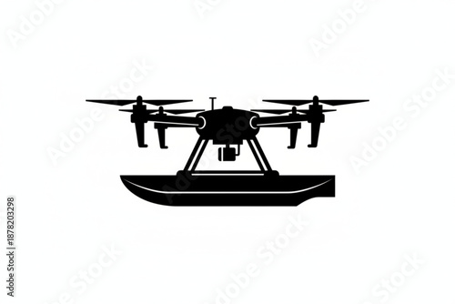 Drone and Boat Synergy: A sleek drone is seamlessly integrated with a boat. The striking monochromatic silhouette is a testament to cutting-edge technology and exploration.