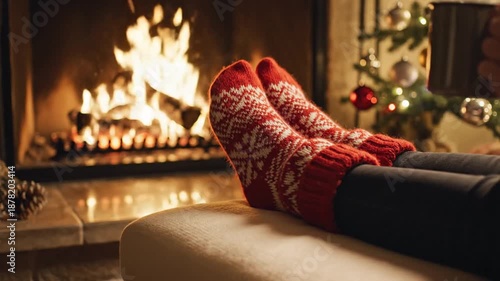 Cozy Christmas Scene: Feet in Festive Socks by Fireplace with Hot Drink and Tree