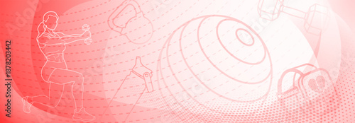 Red fitness themed background. Stylized, abstract illustration with woman and various objects for sports training.