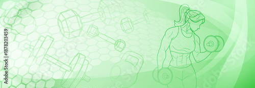 Green fitness themed background. Stylized illustration of a female figure with muscular arms, holding what appears to be a dumbbell or weight, set against a background with geometric shapes.