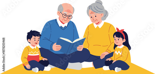 Grandparents Reading Book to Grandchildren on Yellow Carpet, Happy Family Bonding Time, Senior Education, Storytelling, Home Learning, and Multi-generational Togetherness. (21 words)