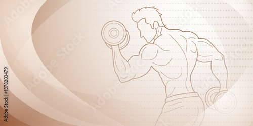 Brown fitness themed background. Stylized illustration of a man lifting weights, with the background featuring abstract shapes and patterns that give it a dynamic feel.