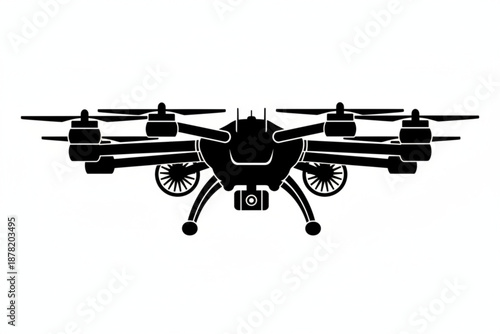 Modern Aerial Vehicle: A detailed silhouette of a sophisticated aerial drone, ready to capture stunning aerial views, hovering with its propellers poised for flight.
