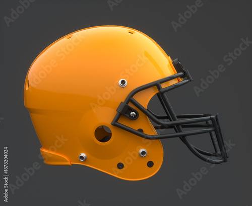 Foto A detailed 3D render of a glossy orange American football helmet with a black facemask against a dark studio backdrop