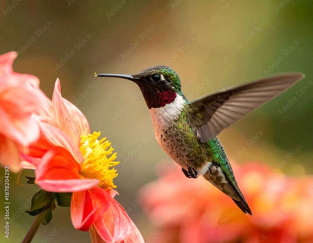 Fototapeta premium A hummingbird hovers in mid-air near an orange flower, its wings outstretched. The bird's feathers are detailed