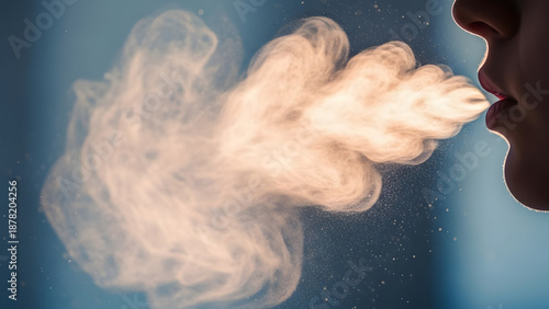 Woman exhaling mist in cold air creating a vapor cloud  