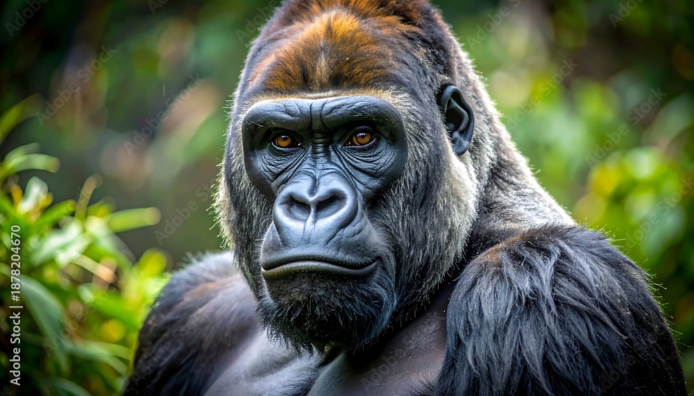 Obraz premium A majestic gorilla stares intently at the viewer. Lush green foliage frames the primate with striking amber eyes. The scene's bokeh gives depth
