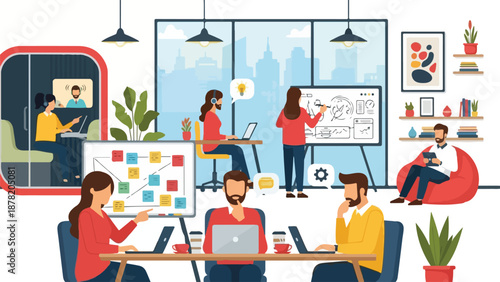 A modern office scene with coworkers collaborating and working