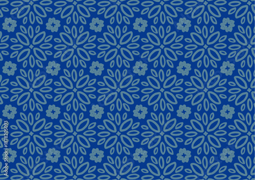 青色の花と葉をモチーフにした幾何学的なシームレスパターン背景｜植物、フラワー、模様、連続デザイン、装飾、北欧風、テキスタイル、壁紙、ベクター