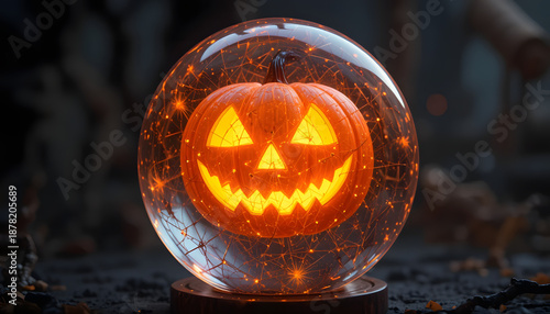 Glowing Orange holographic jack o lantern trapped inside a transparent crystal sphere against a dark background