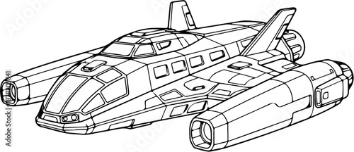 Detailed line drawing of a futuristic spacecraft