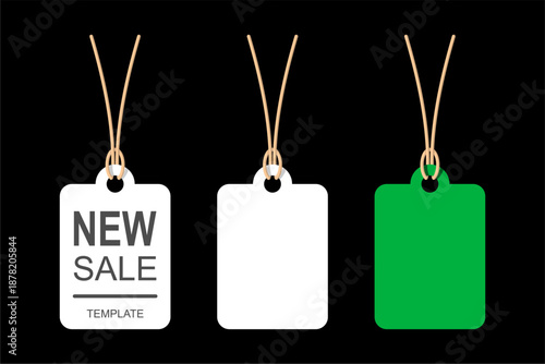 Blank price tag labels template with new sale text and green screen chroma key mockup for video editing flat design vector illustration isolated on black background for retail promotion and branding.
