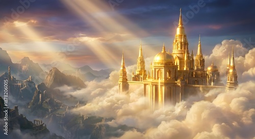 Heavenly golden temple floating above clouds with divine light