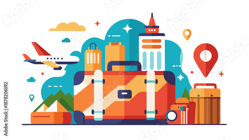 Travel Luggage with City and Airplane Illustration for Vacation and Journey Concept