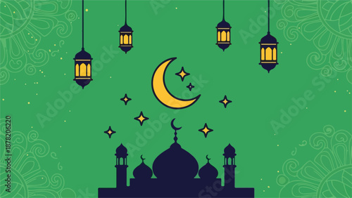 A mosque silhouette with crescent moon and lanterns