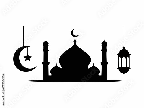 Vector silhouette of a mosque with lantern, moon and star ornaments for Ramadan design