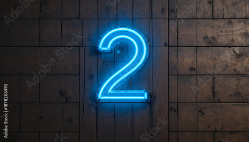 Number 2 in glowing blue neon light with old wooden effect