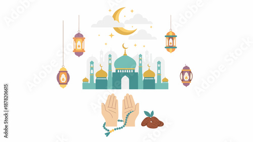 Islamic Mosque Illustration with Lanterns and Crescent Moon.